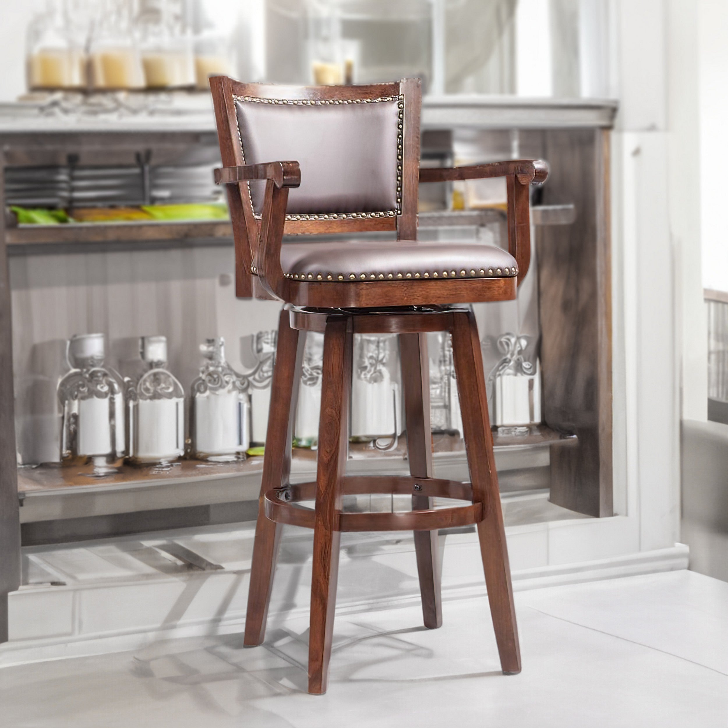 Benjara Nailhead Trim Faux Leather Upholstered Barstool with Wooden Arms, Dark Brown