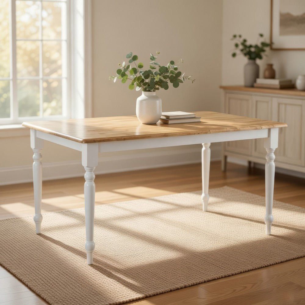 Benjara Grained Rectangular Wooden Dining Table with Turned legs, Brown And White
