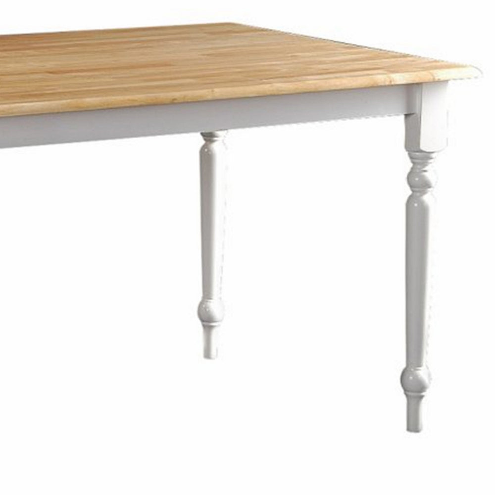 Benjara Grained Rectangular Wooden Dining Table with Turned legs, Brown And White