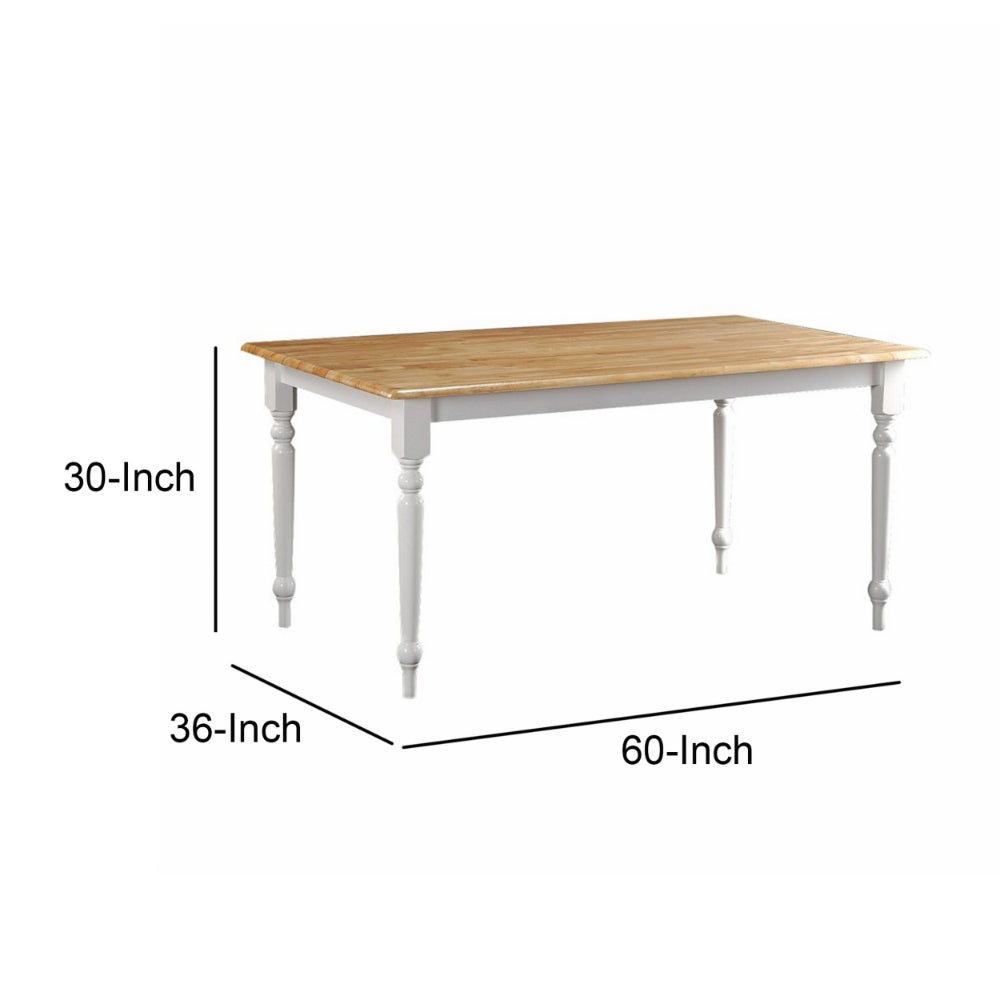 Benjara Grained Rectangular Wooden Dining Table with Turned legs, Brown And White