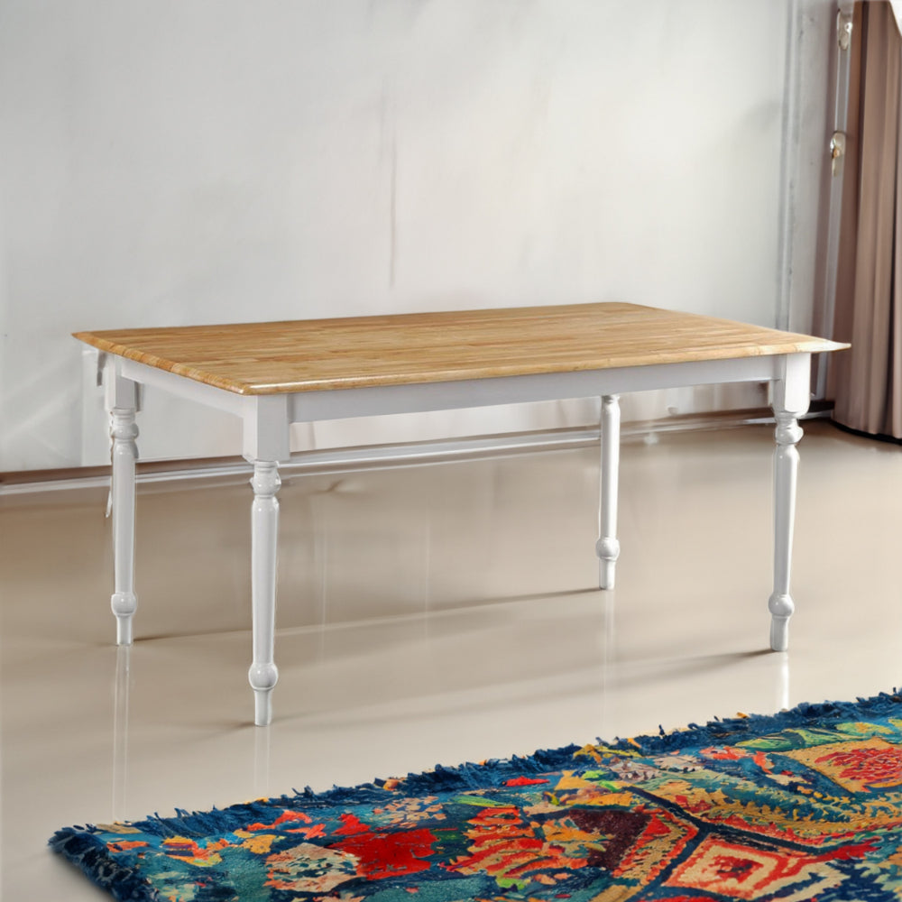 Benjara Grained Rectangular Wooden Dining Table with Turned legs, Brown And White
