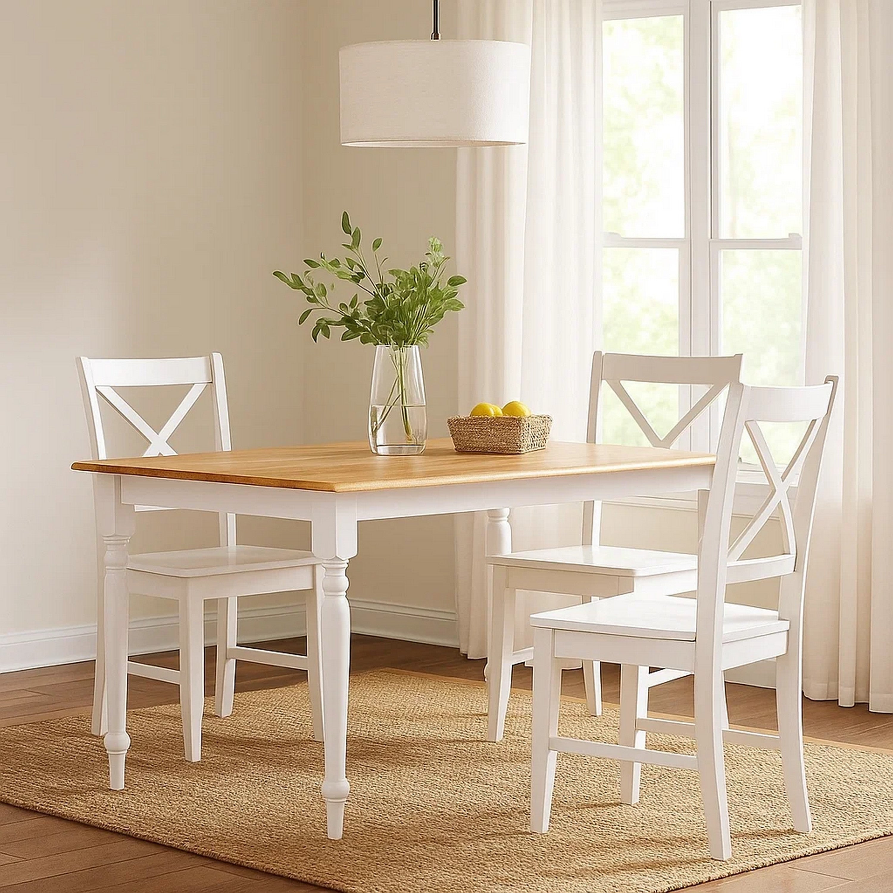 Benjara Grained Rectangular Wooden Dining Table with Turned legs, Brown And White