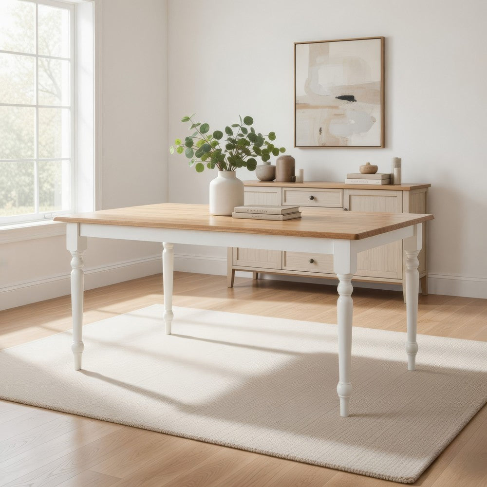 Benjara Grained Rectangular Wooden Dining Table with Turned legs, Brown And White