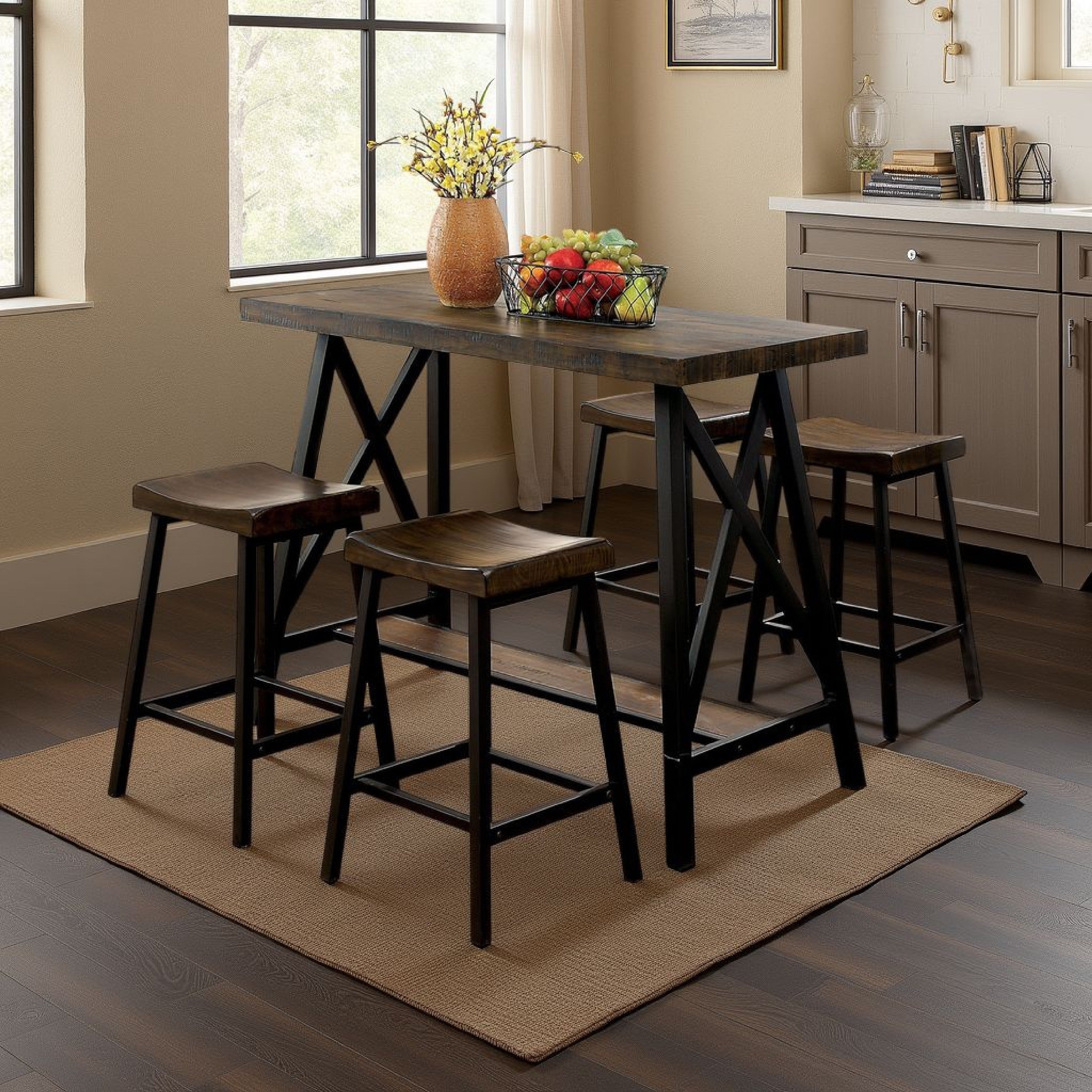 Benzara Wooden Counter Height Table With Angled Metal Legs, Black And Brown