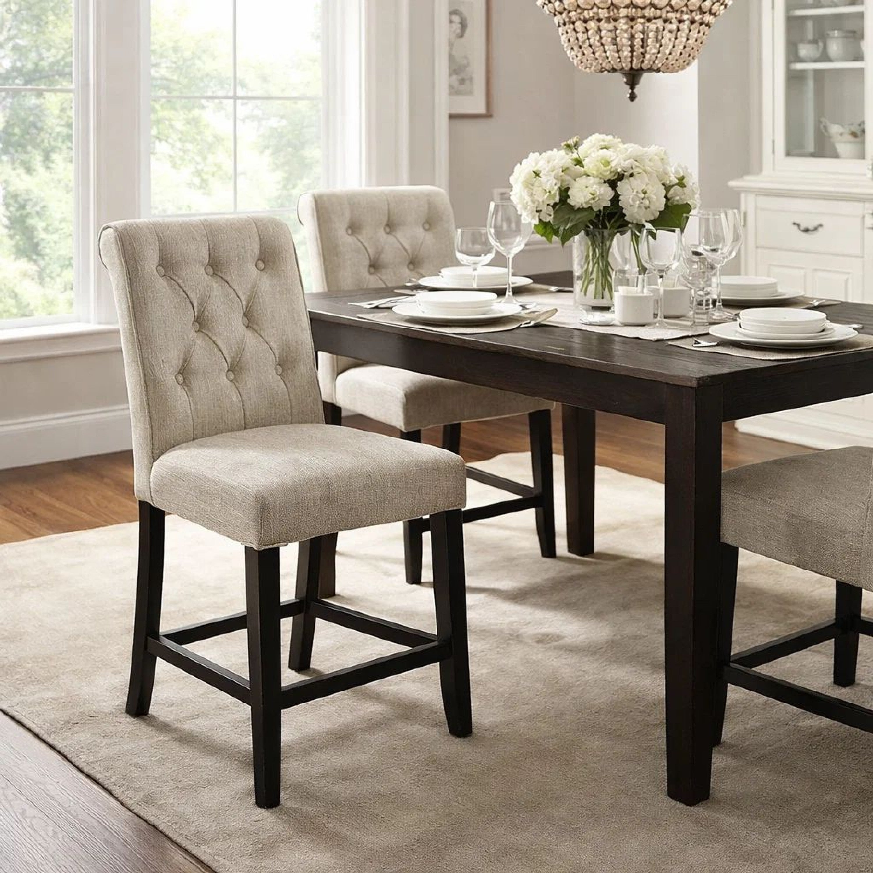 Benzara Wooden Fabric Upholstered Counter Height Chair, Ivory And Black, Pack Of Two