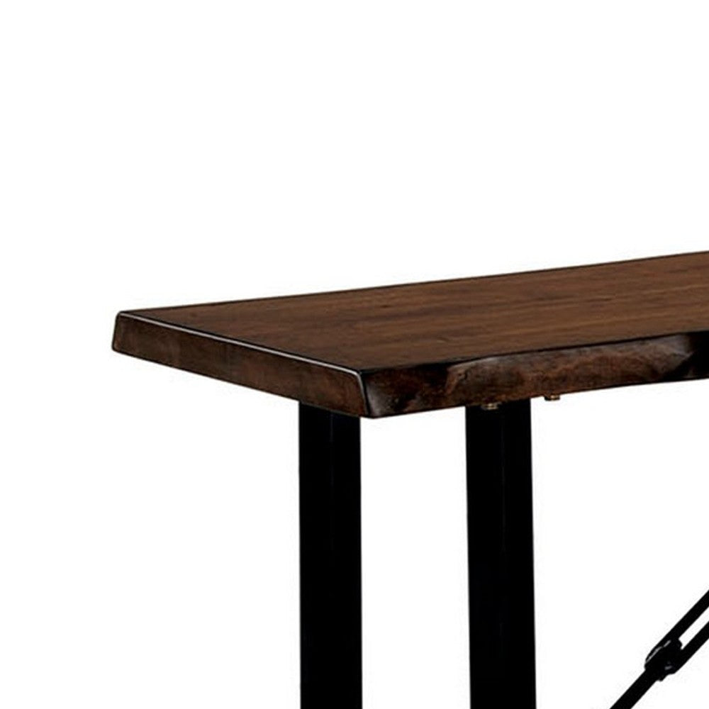 Benzara Rectangular Metal Frame Bench with Wooden Seat, Black And Brown