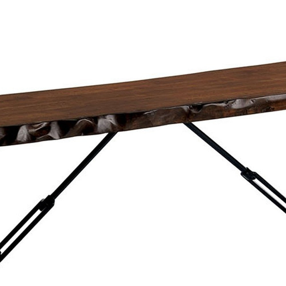 Benzara Rectangular Metal Frame Bench with Wooden Seat, Black And Brown