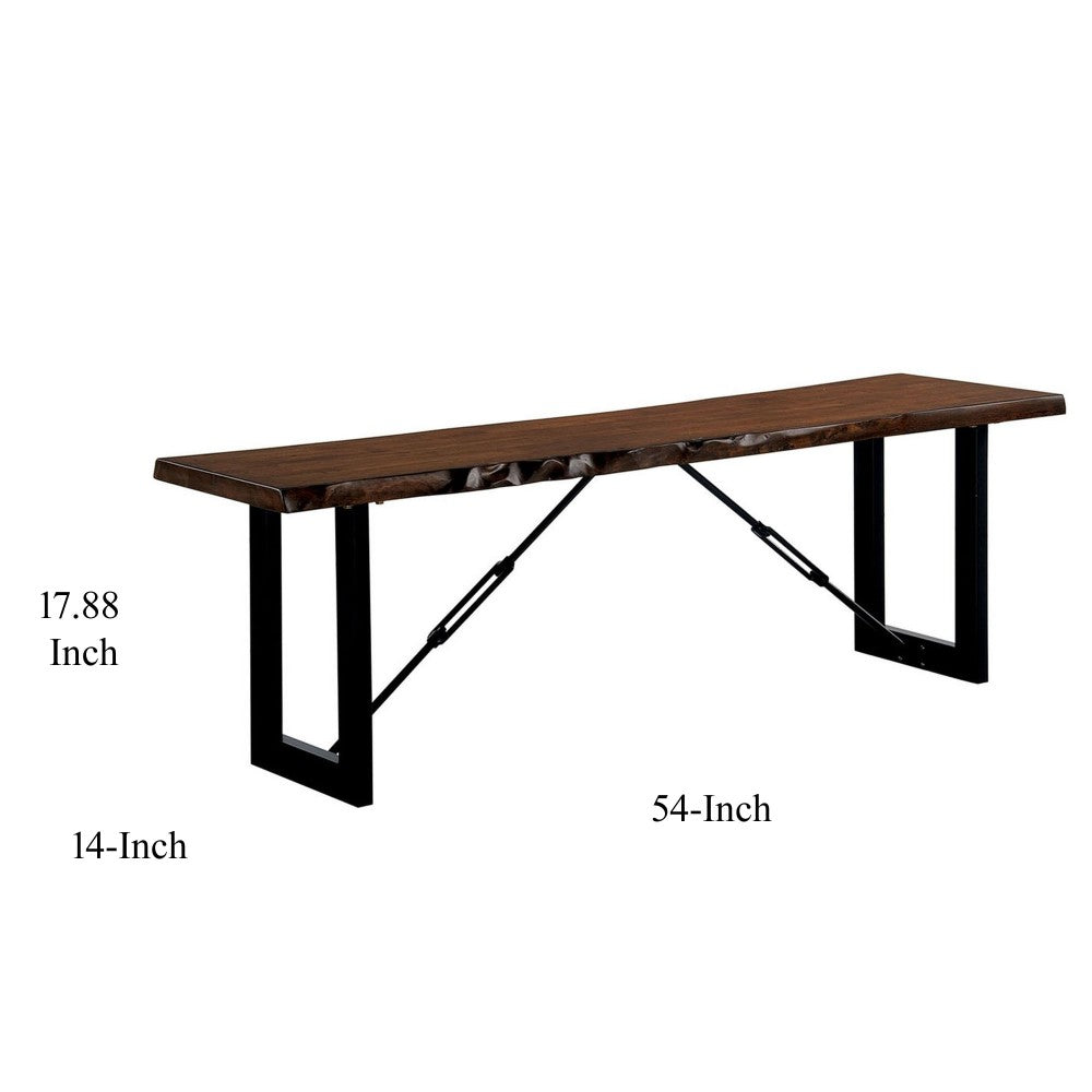 Benzara Rectangular Metal Frame Bench with Wooden Seat, Black And Brown