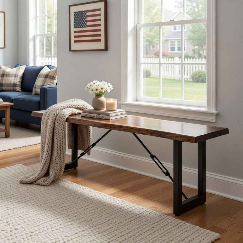 Benzara Rectangular Metal Frame Bench with Wooden Seat, Black And Brown