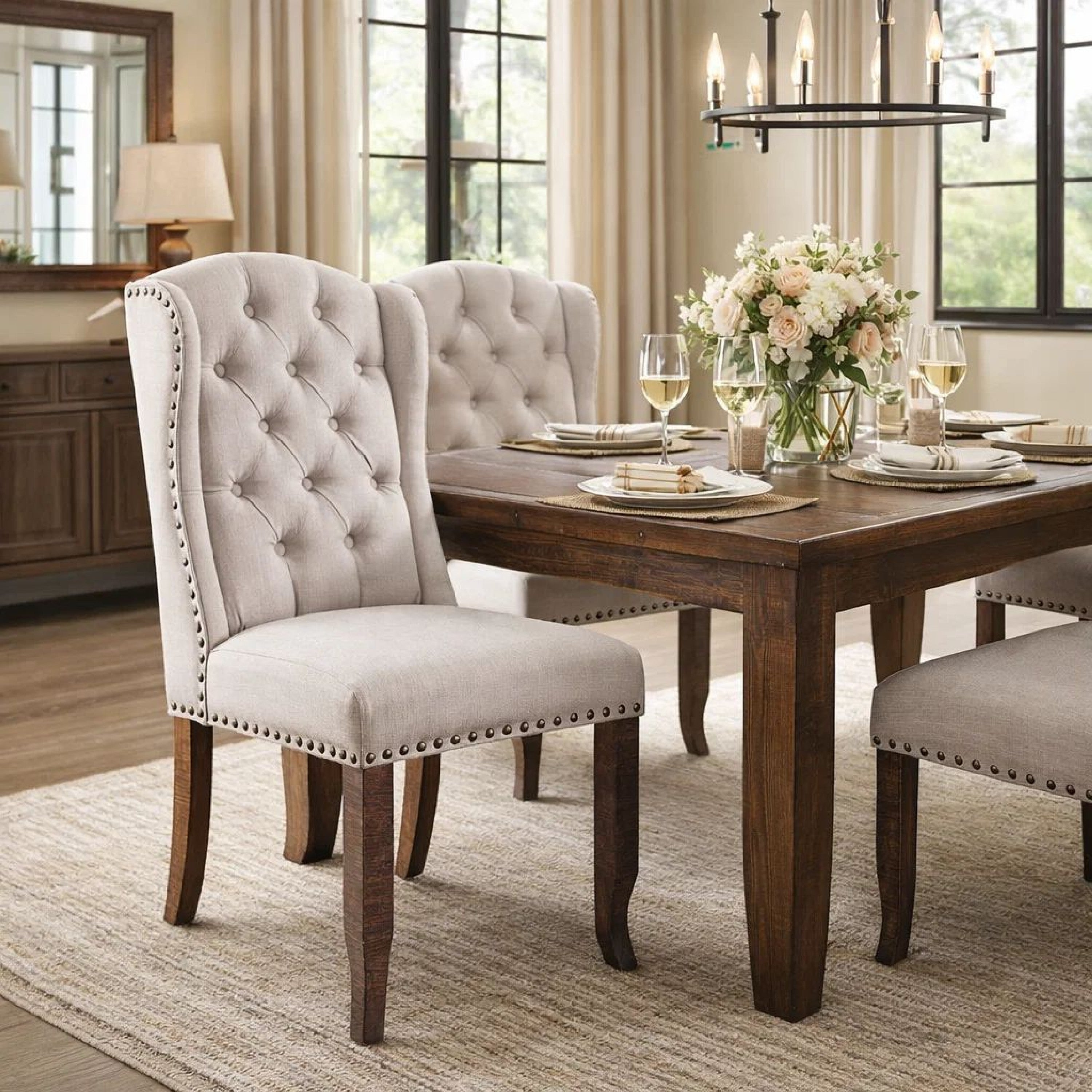 Benzara Button Tufted Fabric Upholstery Wingback Chair, Cream And Brown, Pack Of Two