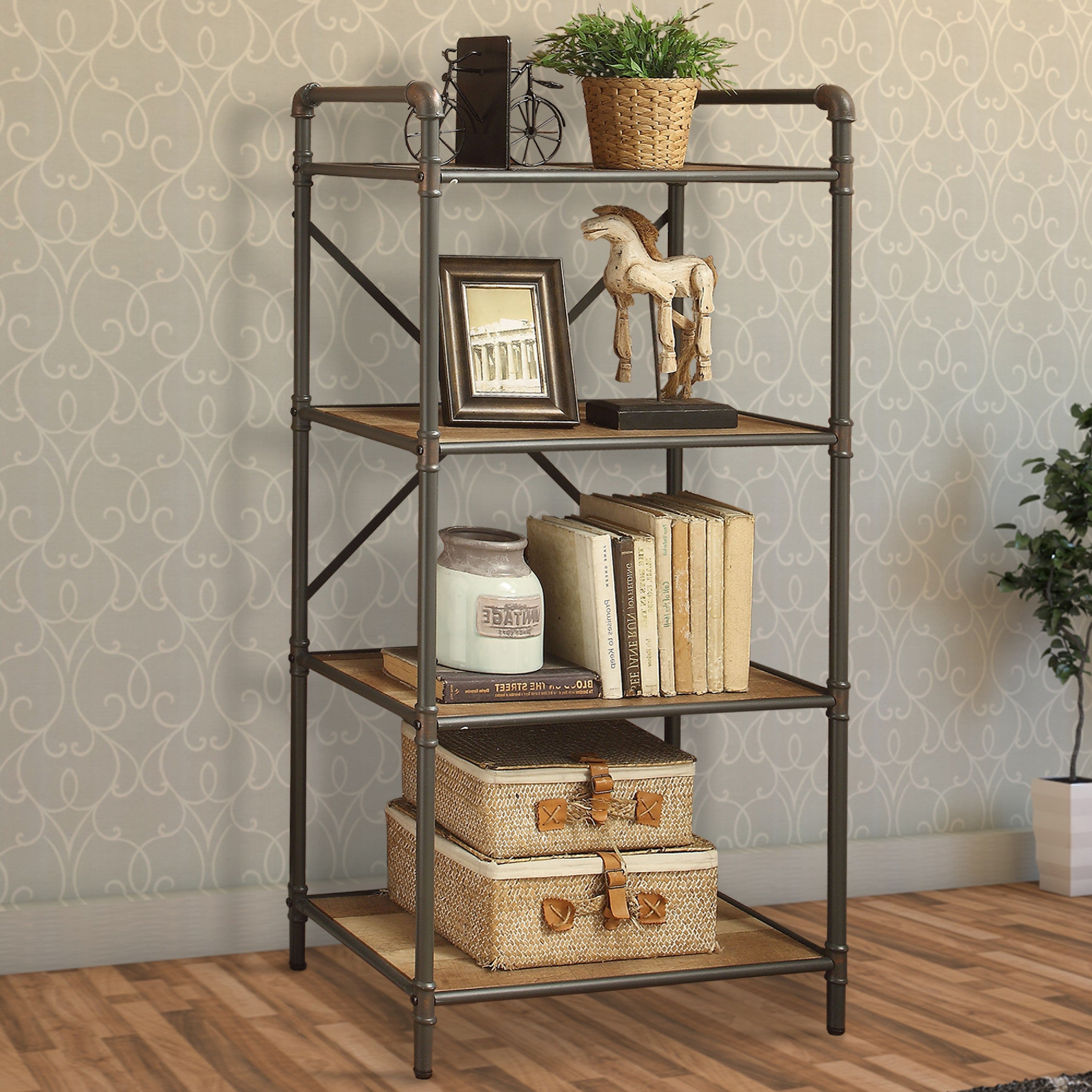 Benzara Three Tier Metal Bookshelf With Wooden Shelves, Oak Brown & Gray