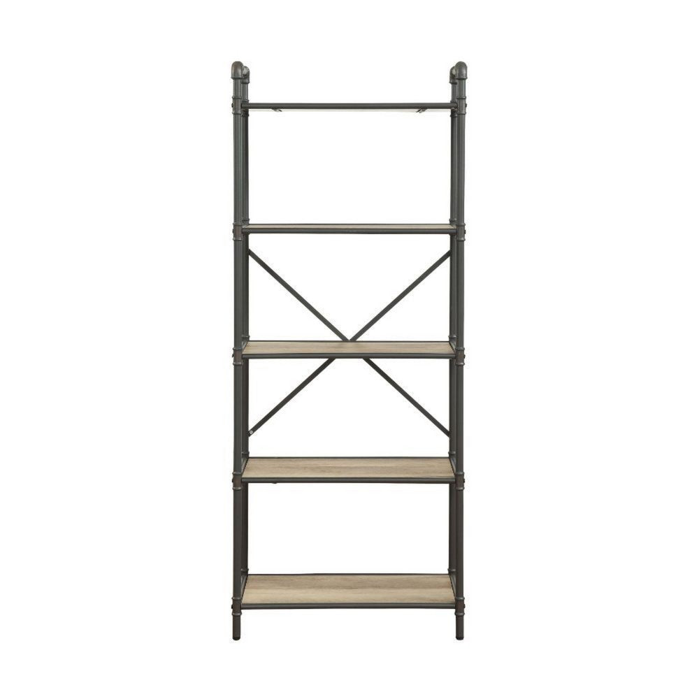 Benzara Five Tier Metal Bookshelf With Wooden Shelves, Oak Brown & Gray
