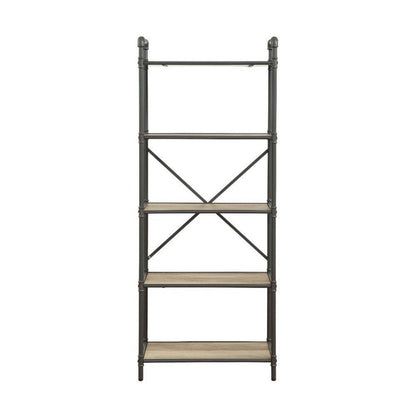 Benzara Five Tier Metal Bookshelf With Wooden Shelves, Oak Brown & Gray
