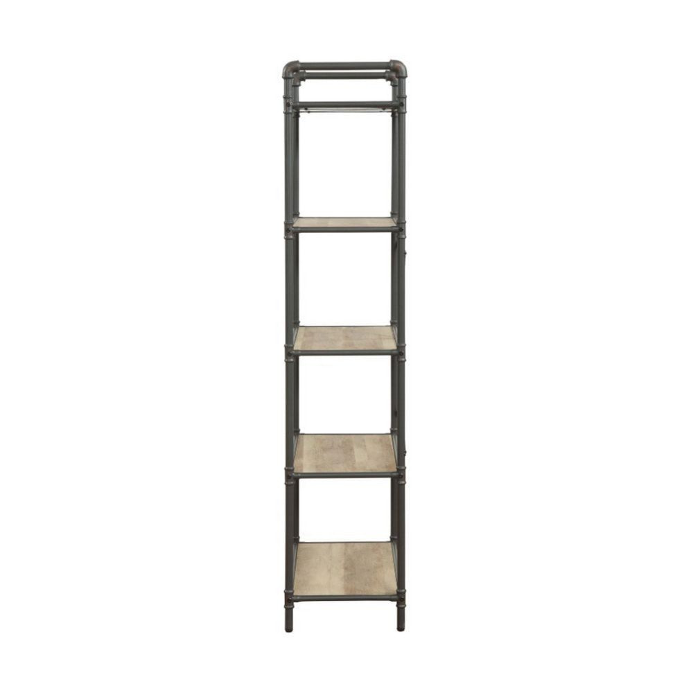 Benzara Five Tier Metal Bookshelf With Wooden Shelves, Oak Brown & Gray