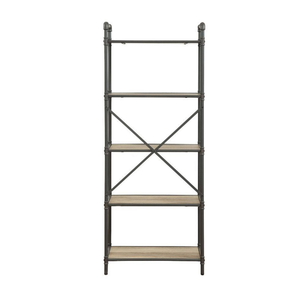 Benzara Five Tier Metal Bookshelf With Wooden Shelves, Oak Brown & Gray