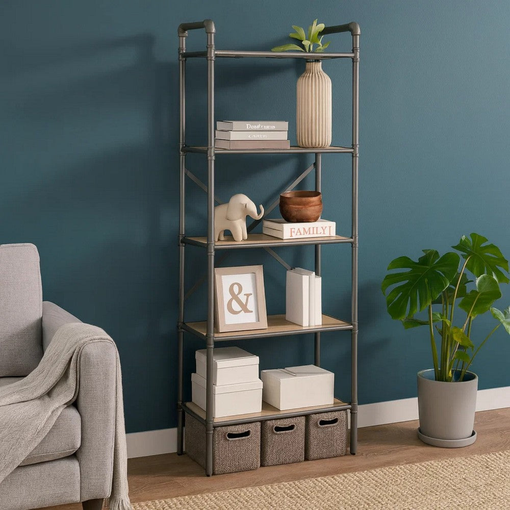 Benzara Five Tier Metal Bookshelf With Wooden Shelves, Oak Brown & Gray