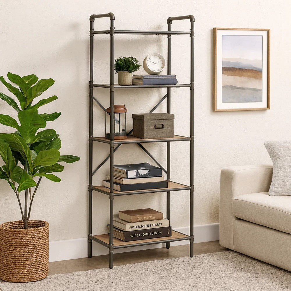 Benzara Five Tier Metal Bookshelf With Wooden Shelves, Oak Brown & Gray