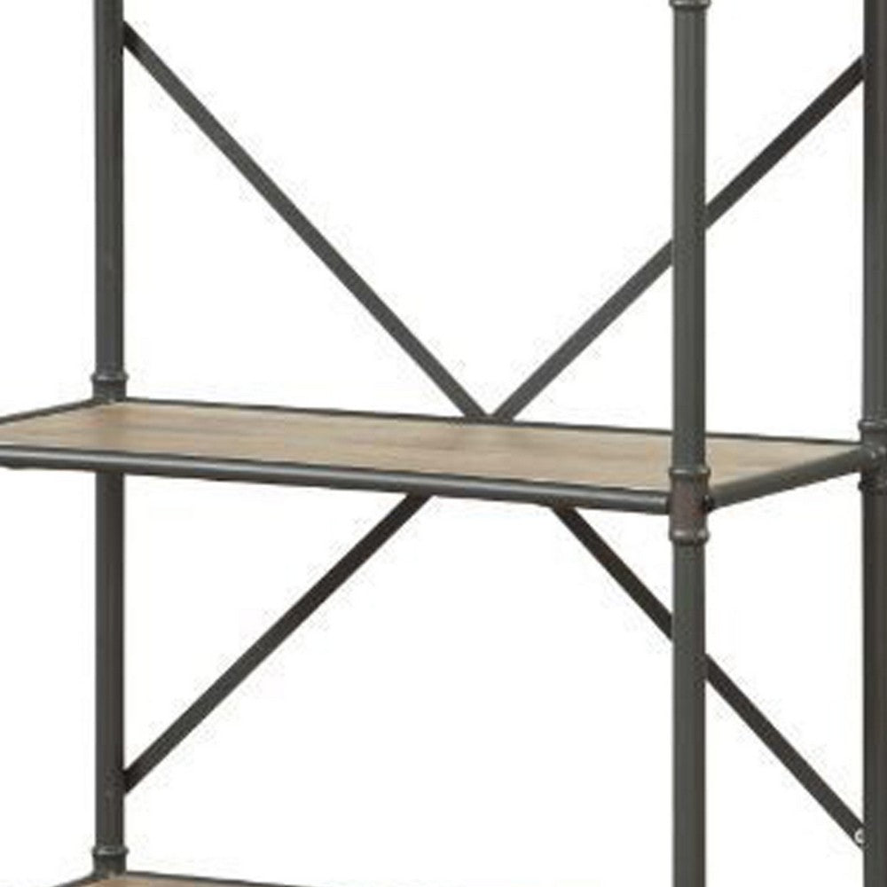 Benzara Five Tier Metal Bookshelf With Wooden Shelves, Oak Brown & Gray