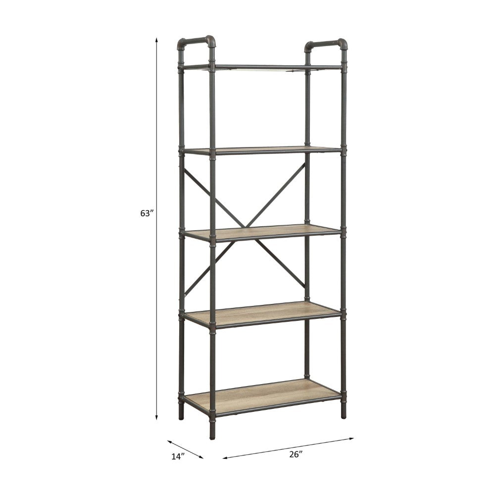 Benzara Five Tier Metal Bookshelf With Wooden Shelves, Oak Brown & Gray
