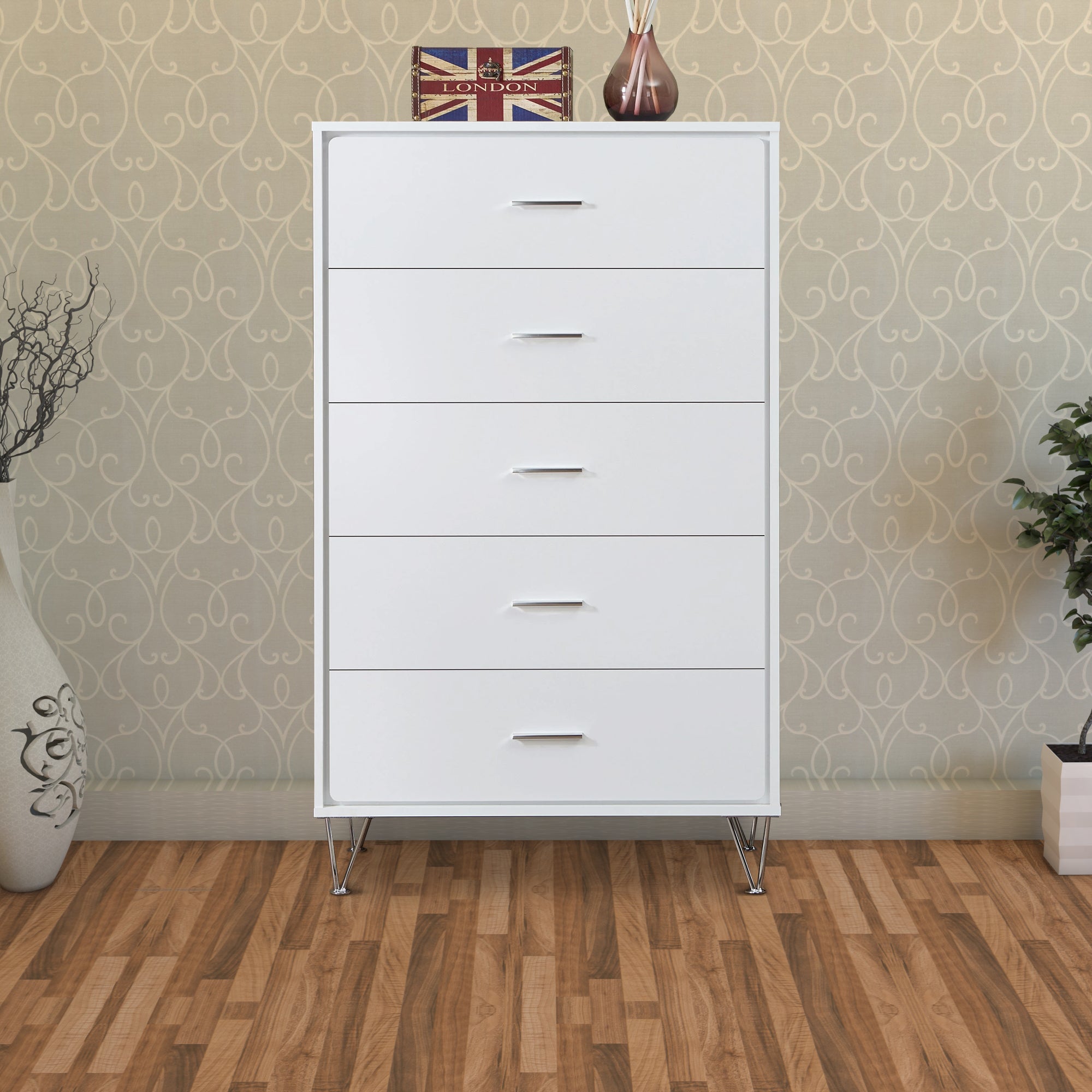 Benzara Contemporary Style Wooden Chest with Five Drawers, White