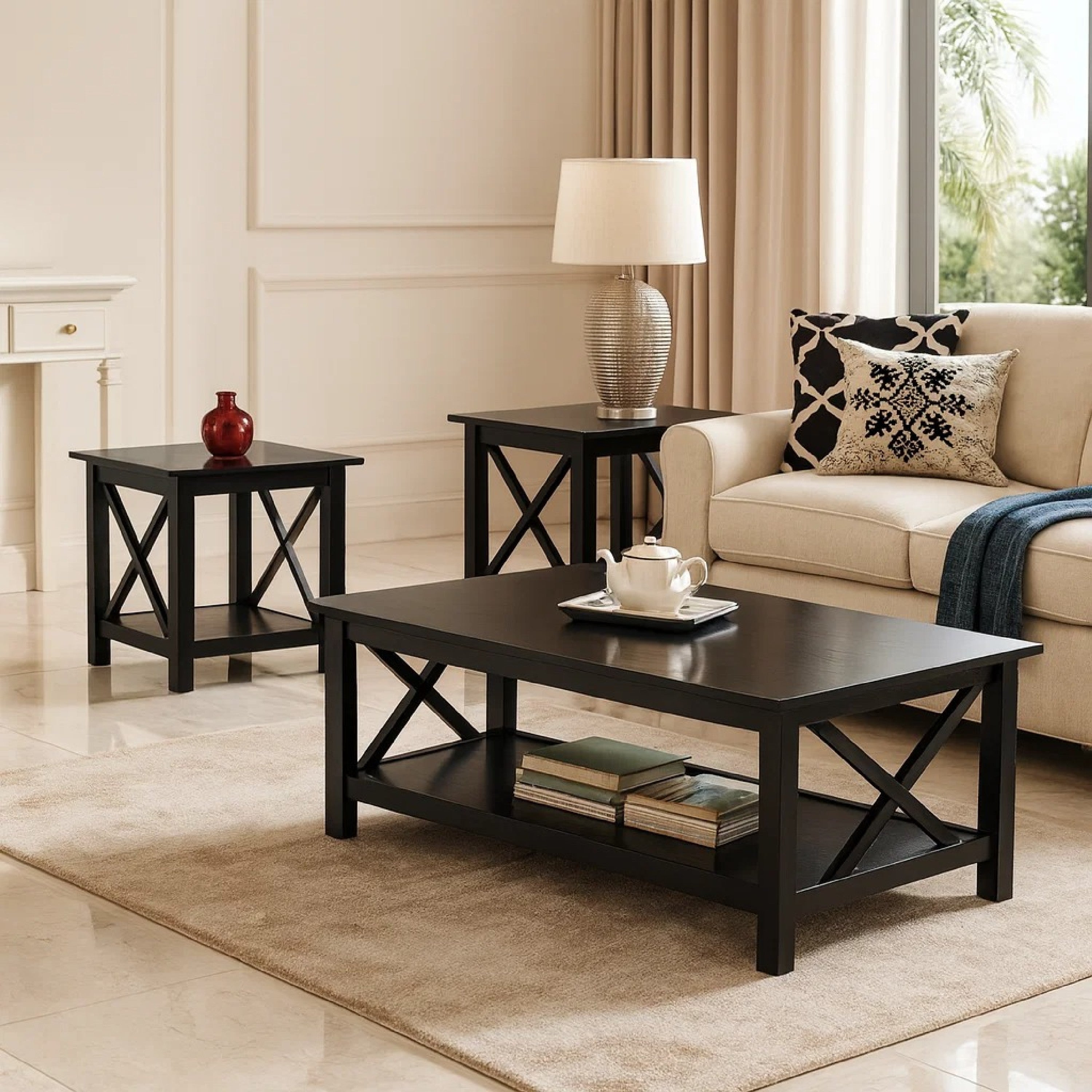 Benzara Wooden Table Set With X Design On Sides, Pack Of Three, Dark Brown