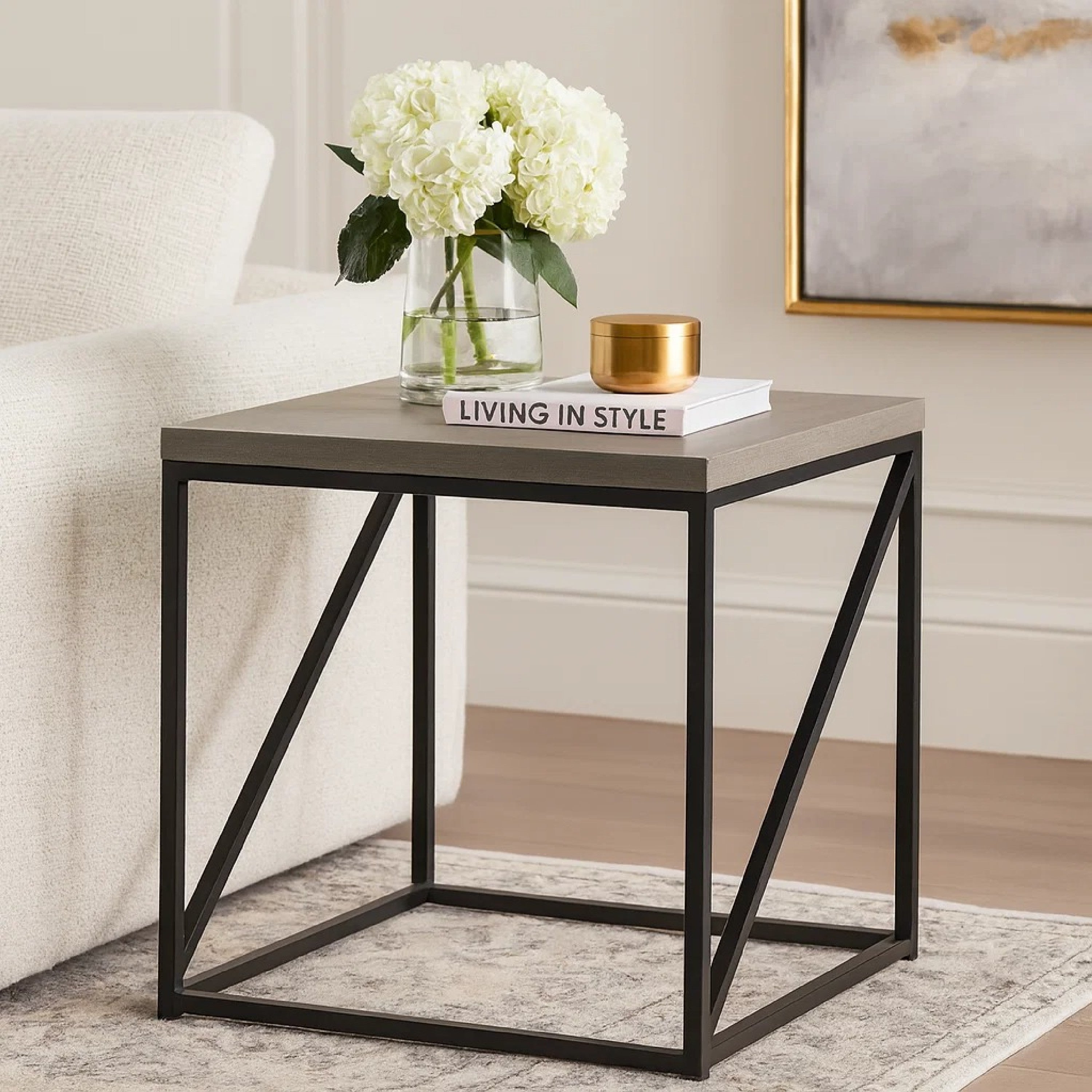 Benzara Industrial Style Minimal End Table With Wooden Top And Metallic Base, Gray