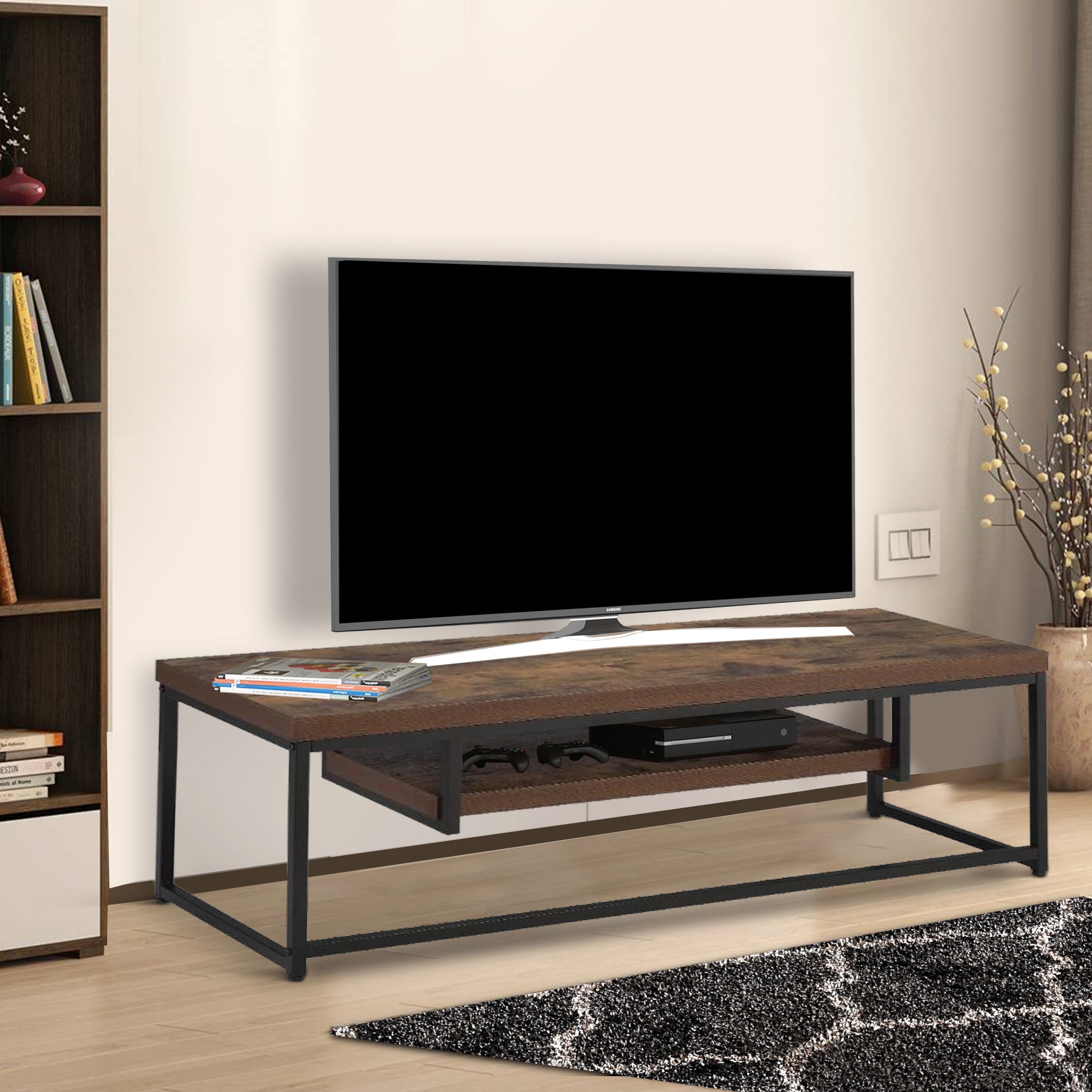 Benzara Wood And Metal TV Stand With One Shelf, Weathered Oak Brown And Black