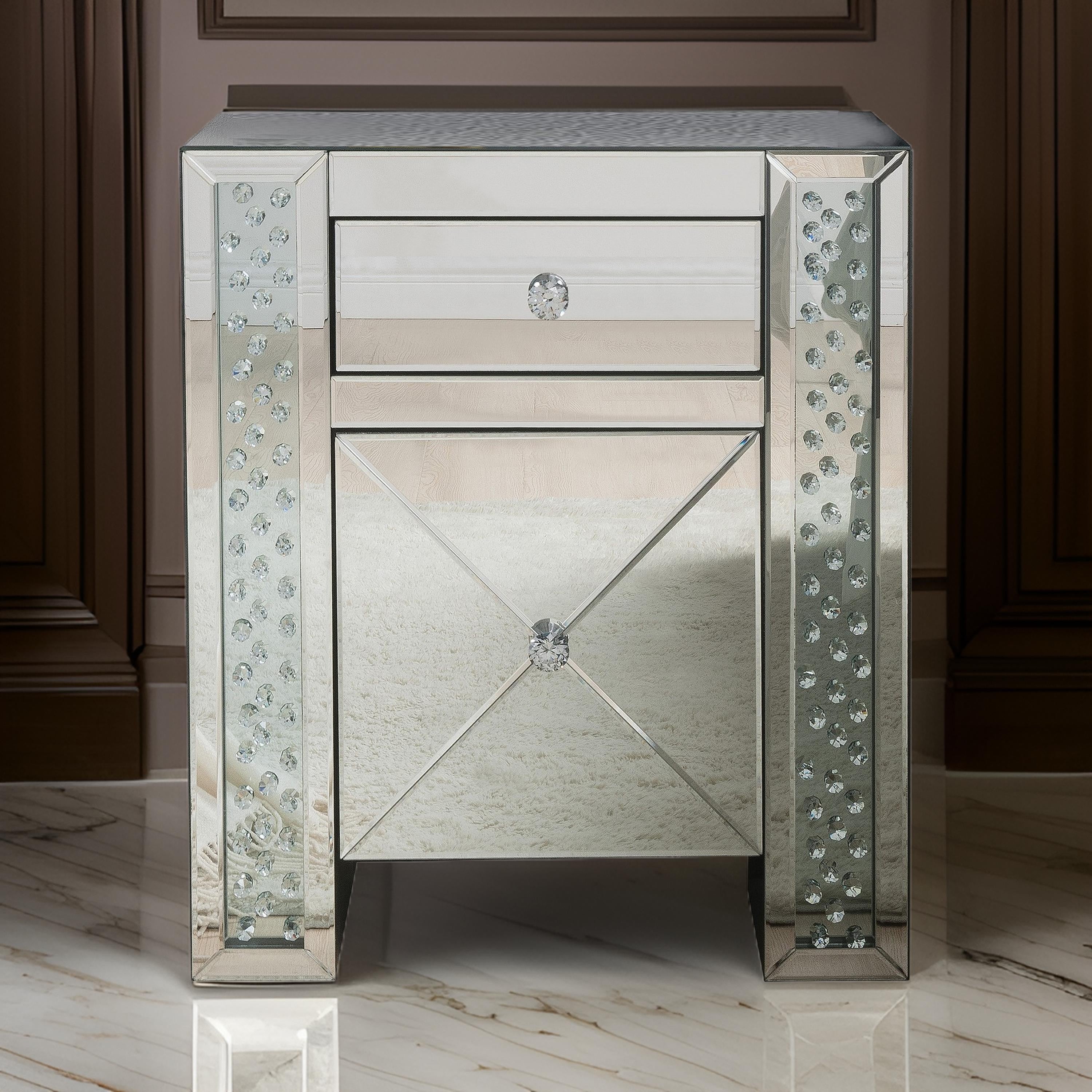 Benzara Wood & Mirror Nightstand with Crystal Inserts, Silver