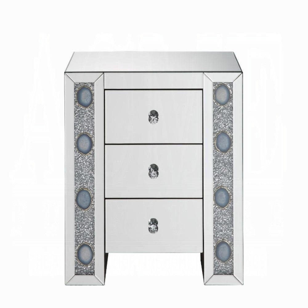 Benzara Wood & Mirror Nightstand with Agate Inserts, Silver