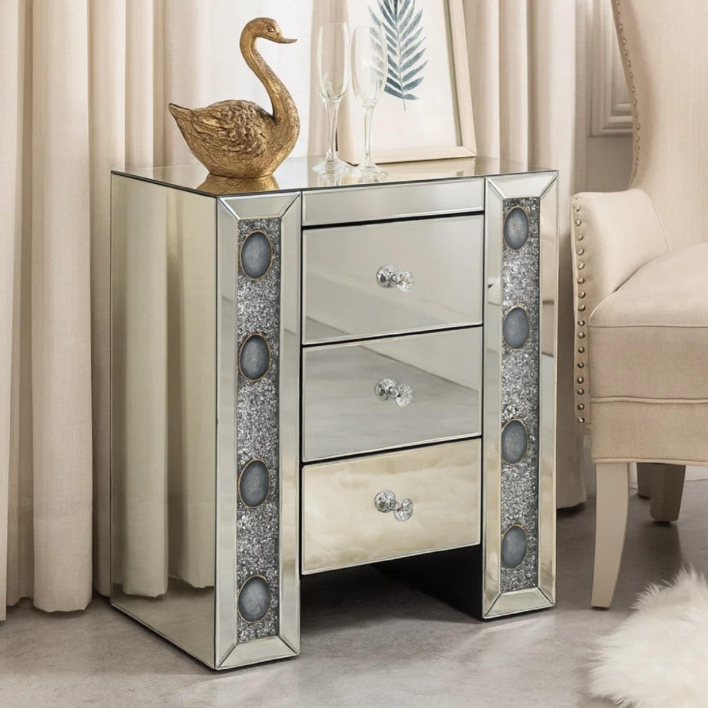 Benzara Wood & Mirror Nightstand with Agate Inserts, Silver