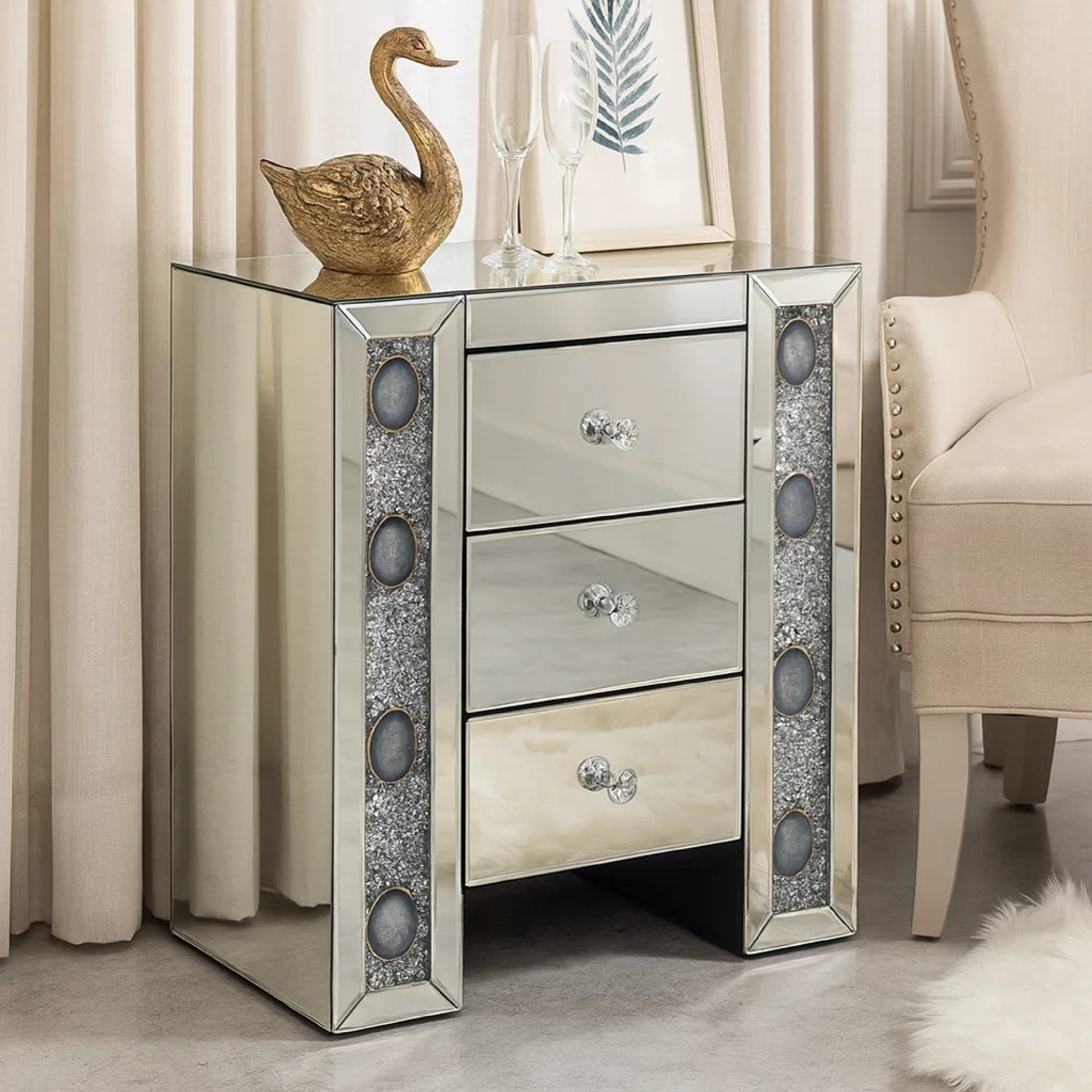 Benzara Wood & Mirror Nightstand with Agate Inserts, Silver