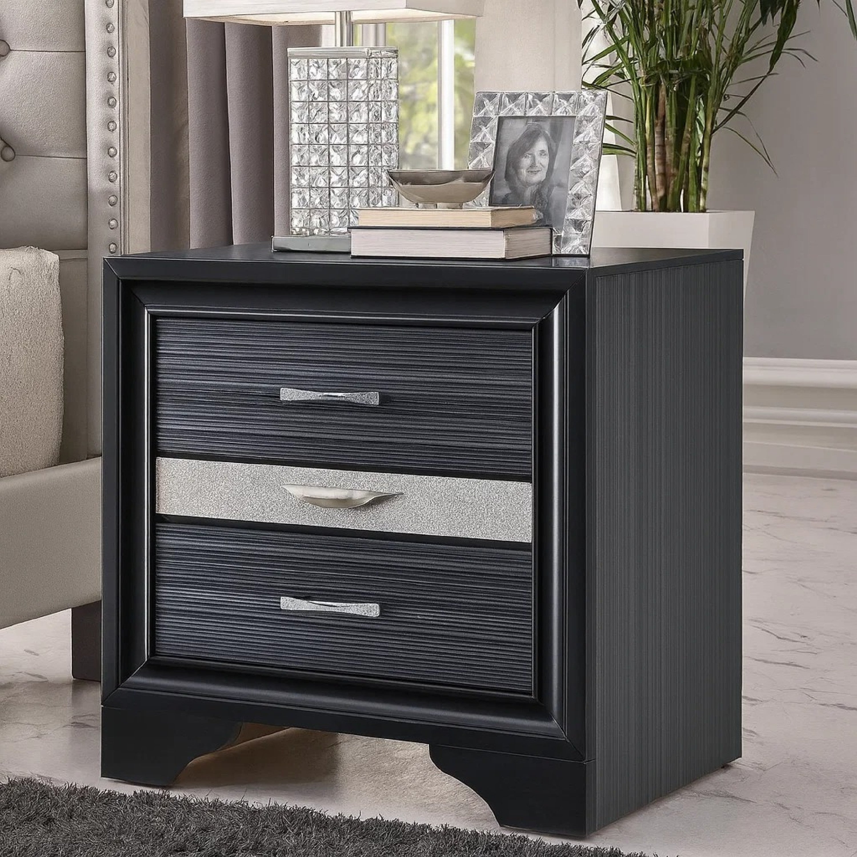 Benzara Two Tone Wooden Nightstand With Three Drawers, Black And Silver