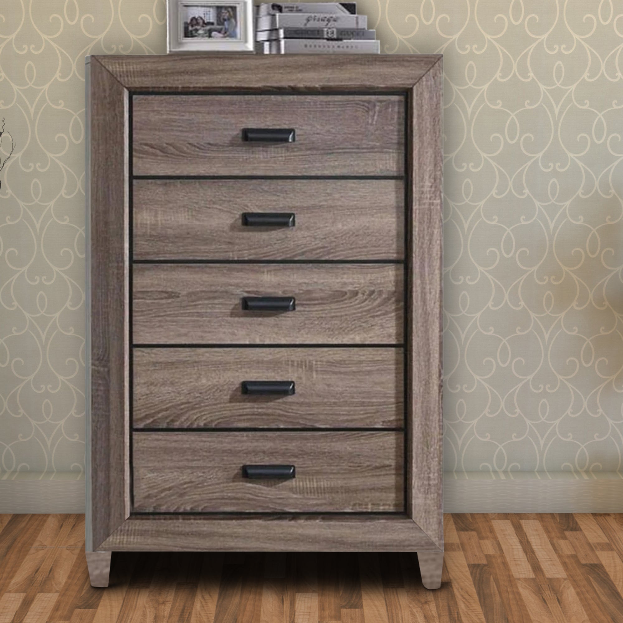 Benzara Five Drawer Chest With Scalloped Feet In Weathered Gray Grain Finish