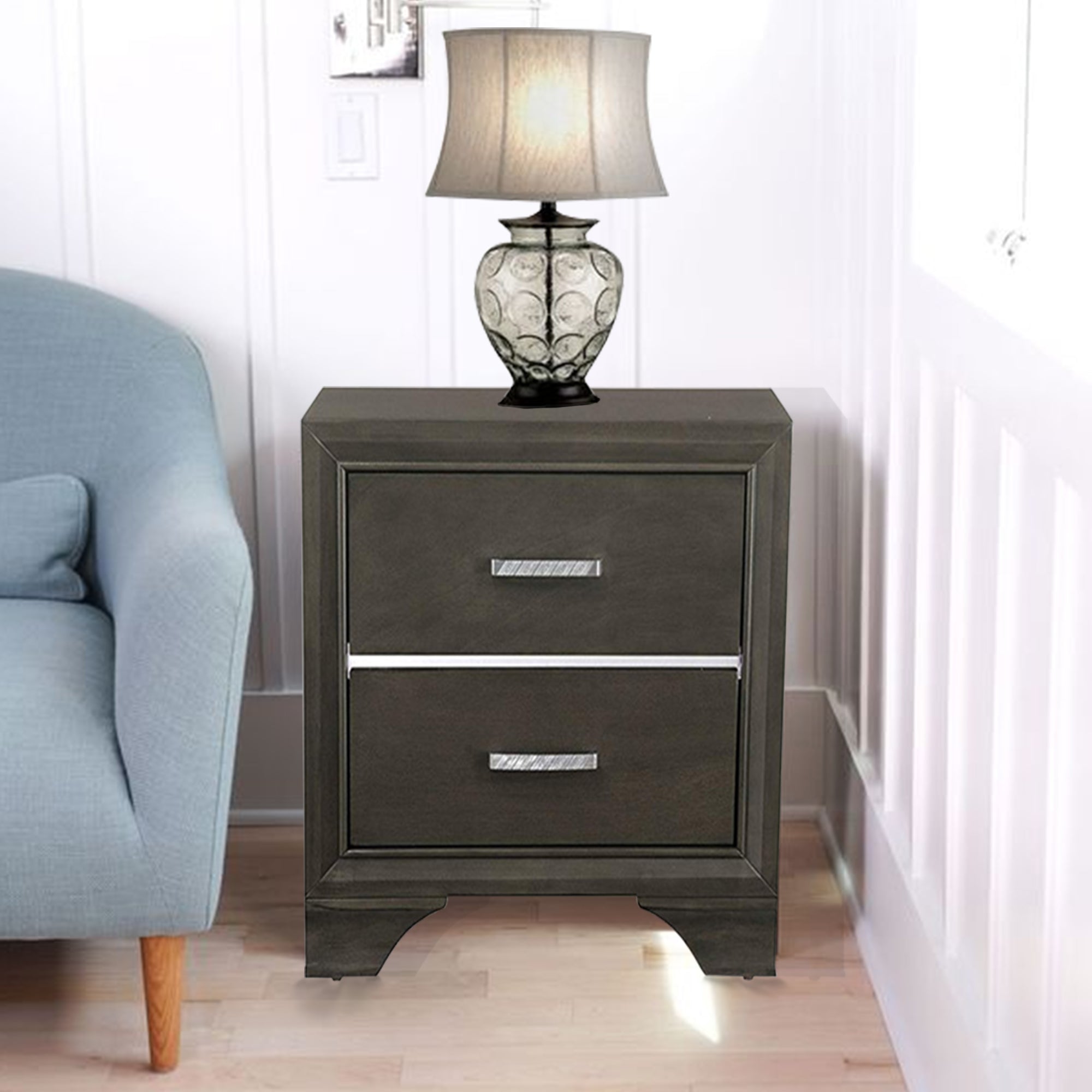 Benzara Wooden Two Drawer Nightstand With Bracket Legs, Gray