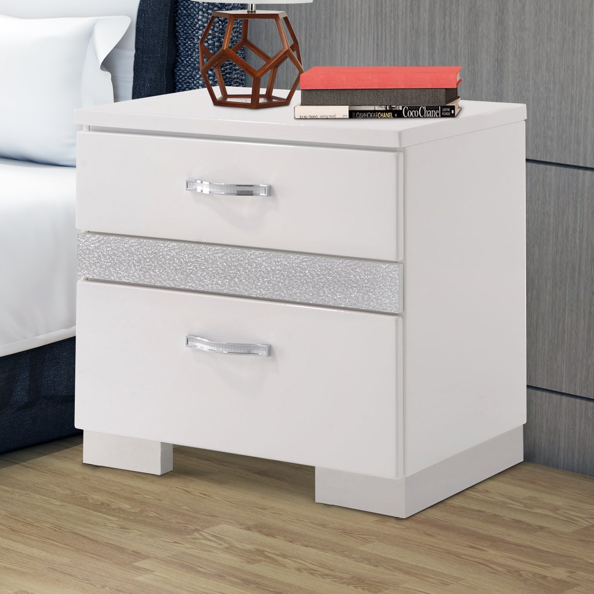 Benzara Nightstand With Three Center Metal Glide Drawers In White Gloss Finish