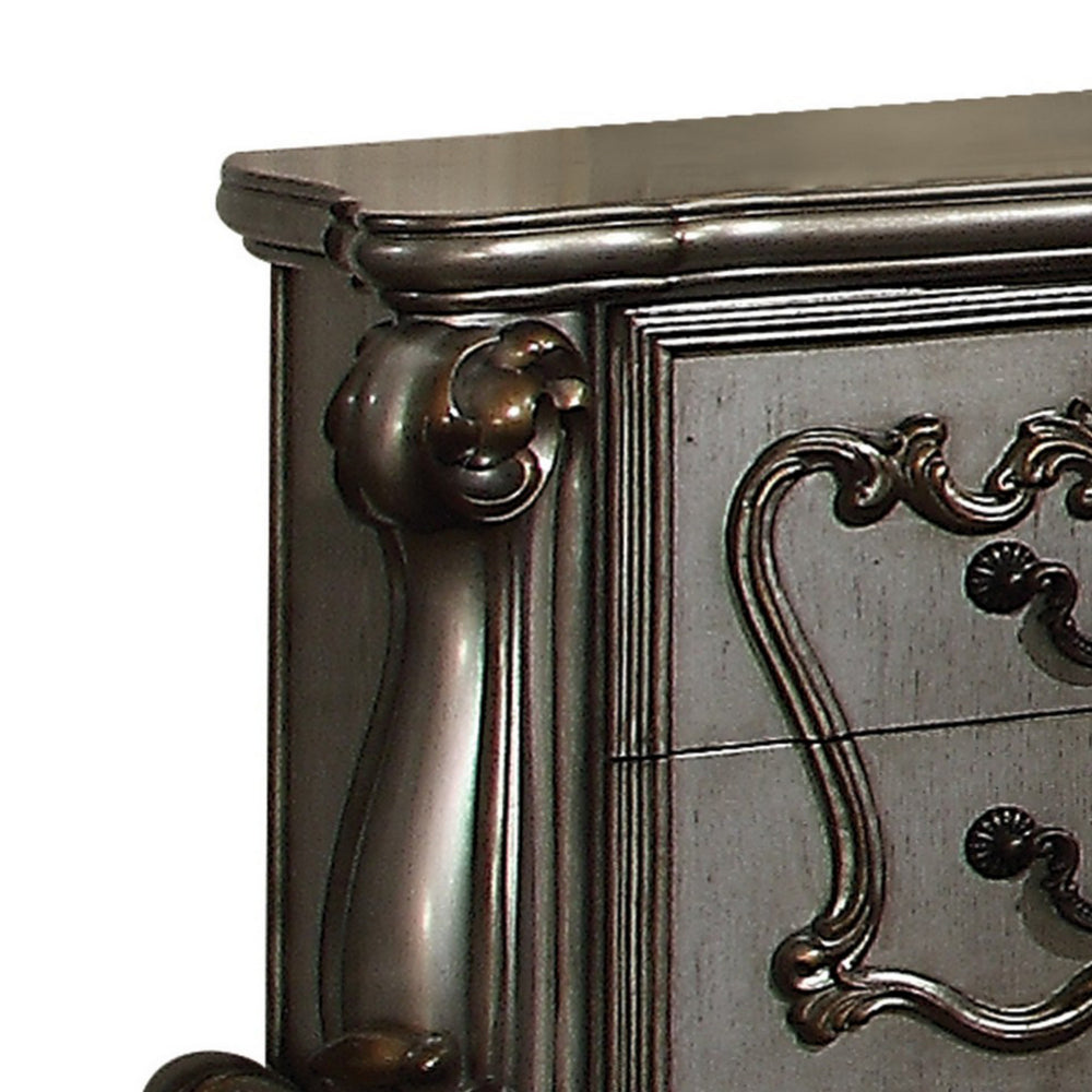 Benzara Two Drawer Nightstand With Oversized Scrolled Legs In Antique Platinum Finish