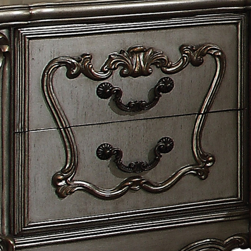 Benzara Two Drawer Nightstand With Oversized Scrolled Legs In Antique Platinum Finish