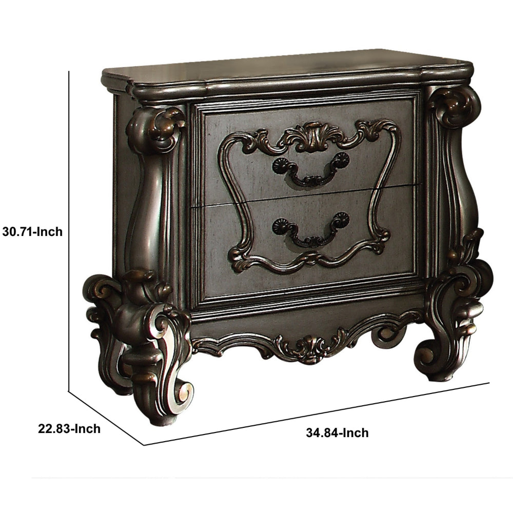 Benzara Two Drawer Nightstand With Oversized Scrolled Legs In Antique Platinum Finish
