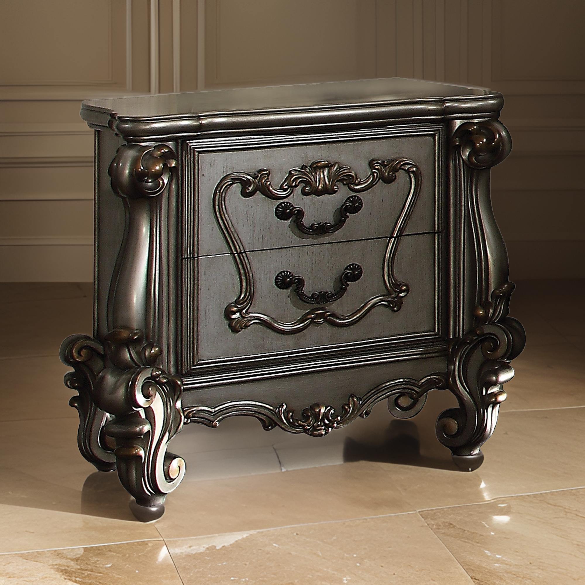 Benzara Two Drawer Nightstand With Oversized Scrolled Legs In Antique Platinum Finish