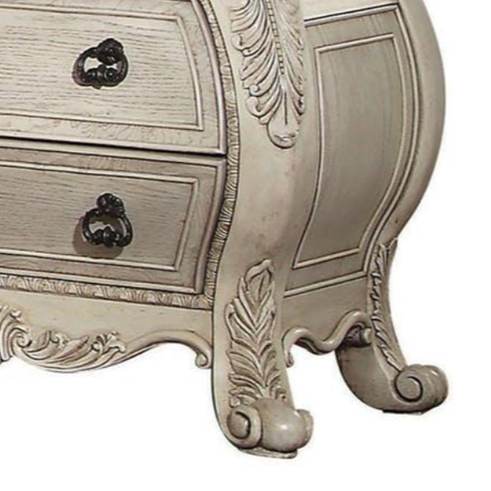 Benzara Three Drawer Wooden Nightstand With Scrolled Feet, Antique White