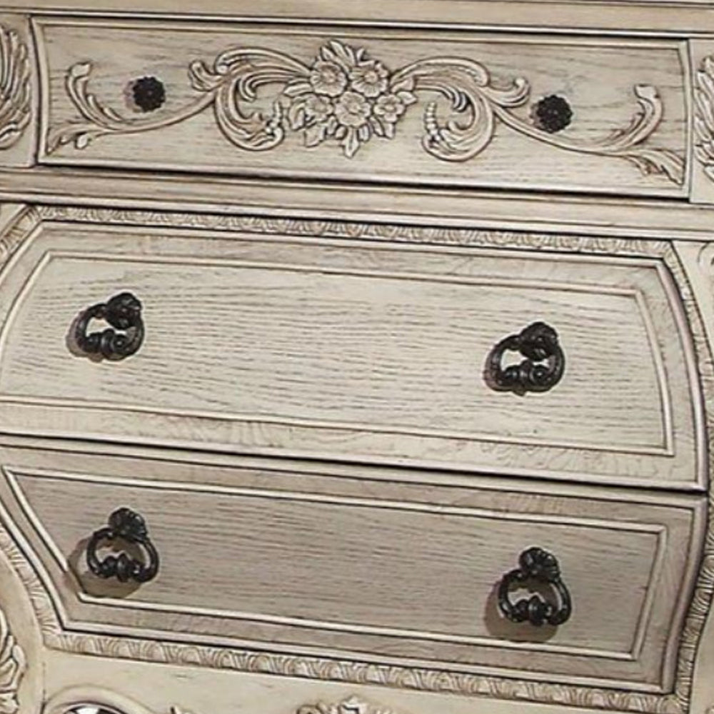 Benzara Three Drawer Wooden Nightstand With Scrolled Feet, Antique White
