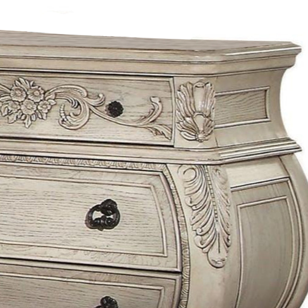 Benzara Three Drawer Wooden Nightstand With Scrolled Feet, Antique White