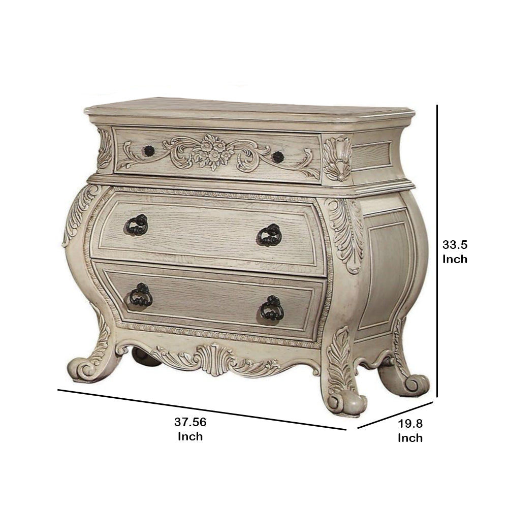 Benzara Three Drawer Wooden Nightstand With Scrolled Feet, Antique White