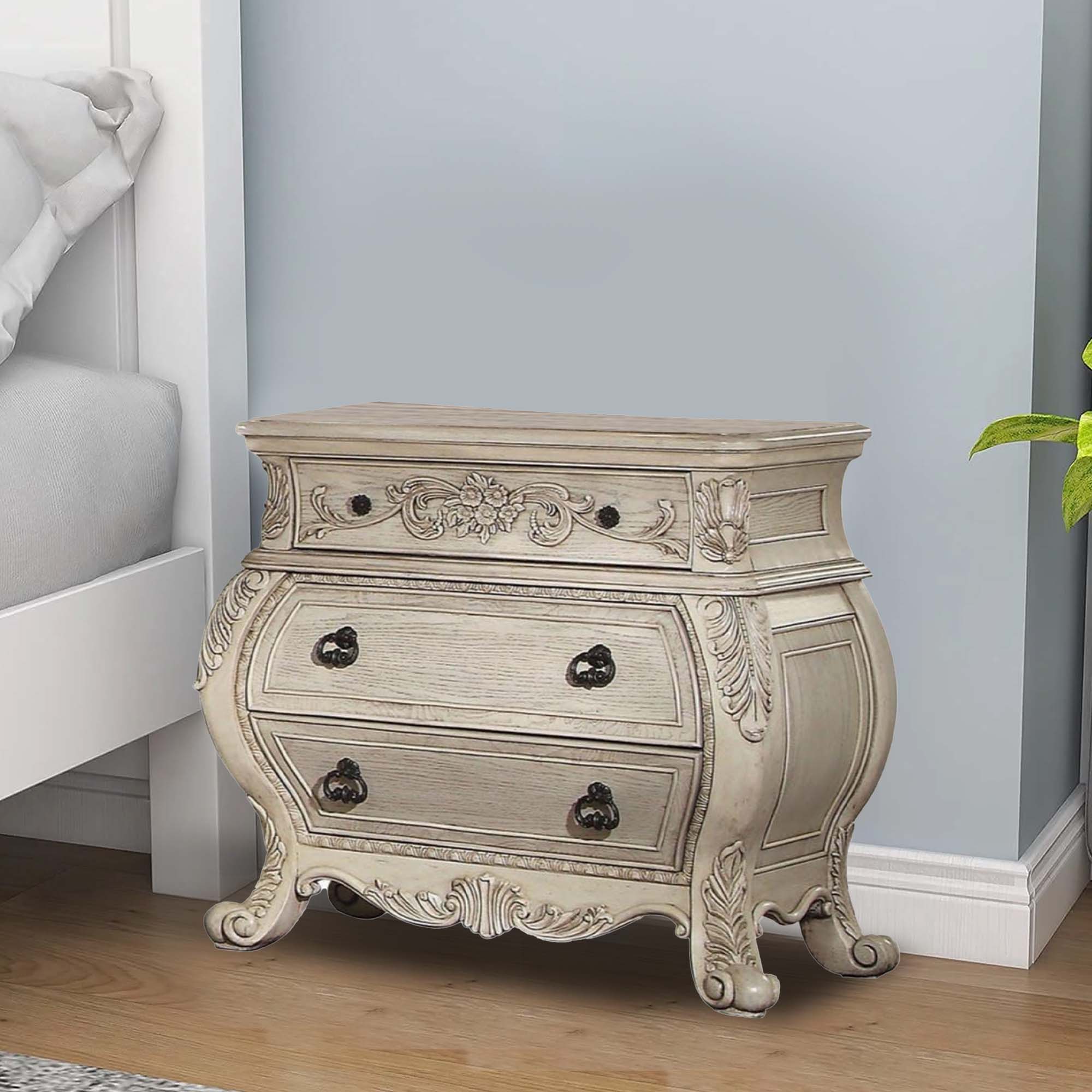 Benzara Three Drawer Wooden Nightstand With Scrolled Feet, Antique White