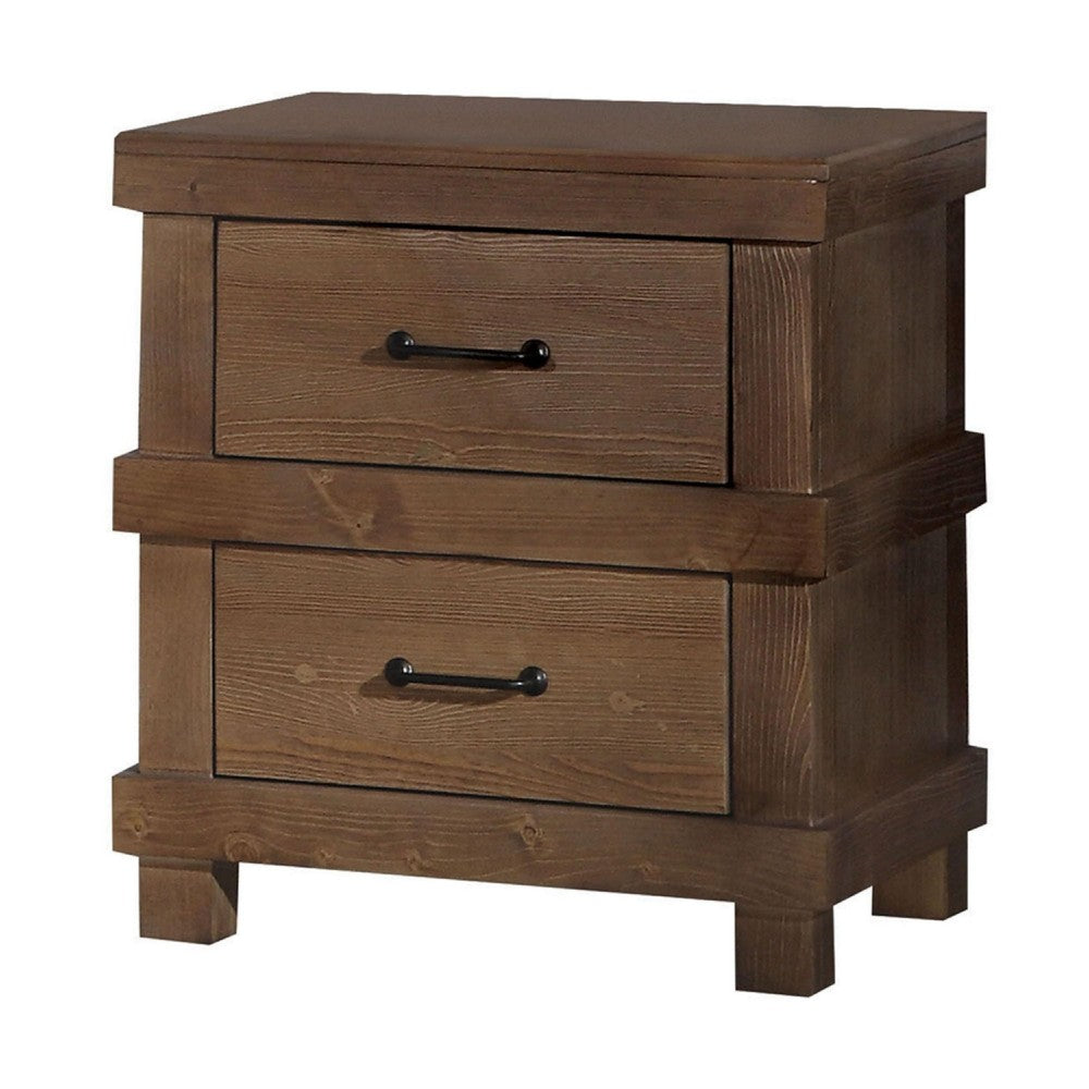 Benzara Two Drawer Nightstand With Metal Handle, Antique Oak