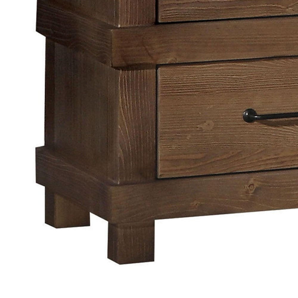 Benzara Two Drawer Nightstand With Metal Handle, Antique Oak