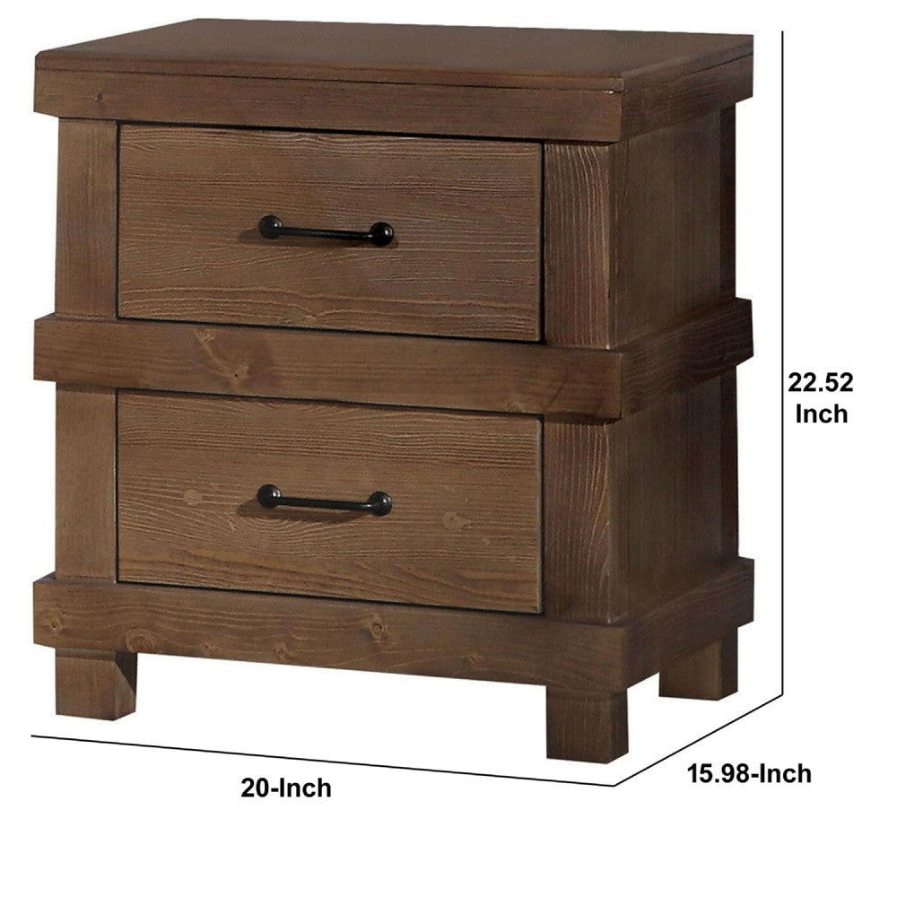 Benzara Two Drawer Nightstand With Metal Handle, Antique Oak