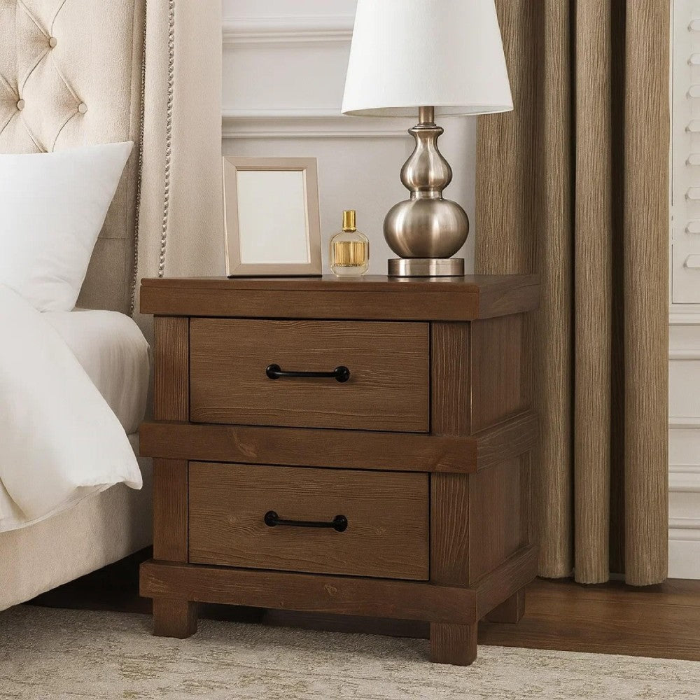 Benzara Two Drawer Nightstand With Metal Handle, Antique Oak