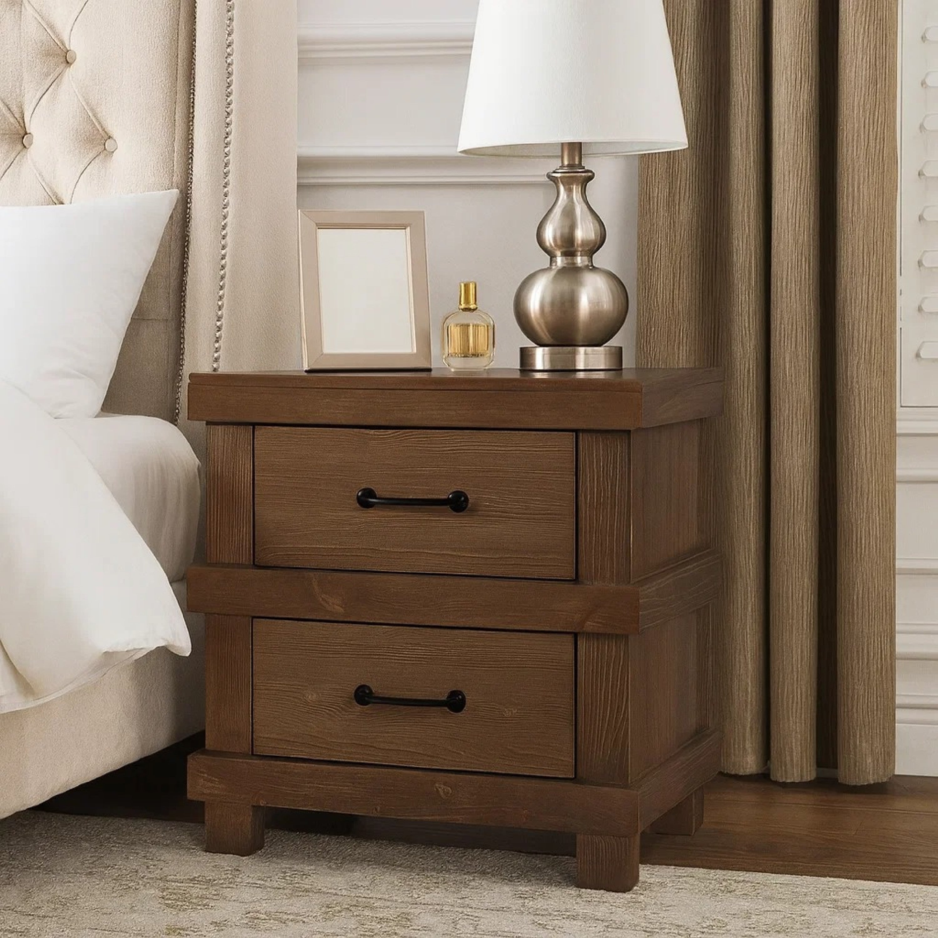 Benzara Two Drawer Nightstand With Metal Handle, Antique Oak