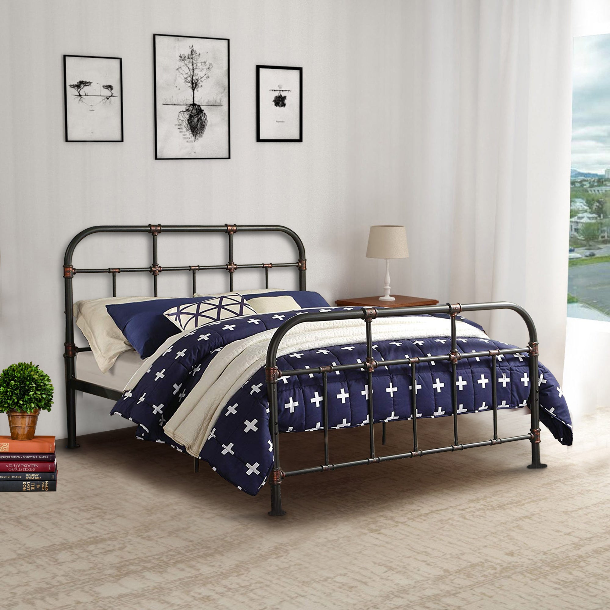 Benzara Industrial Pipe Detailed Metal Full Size Bed, Sandy Gray